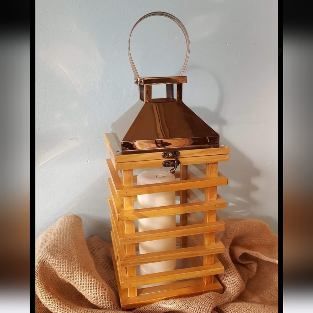 Pier 1 Wood & Copper Lantern/Candle Holder